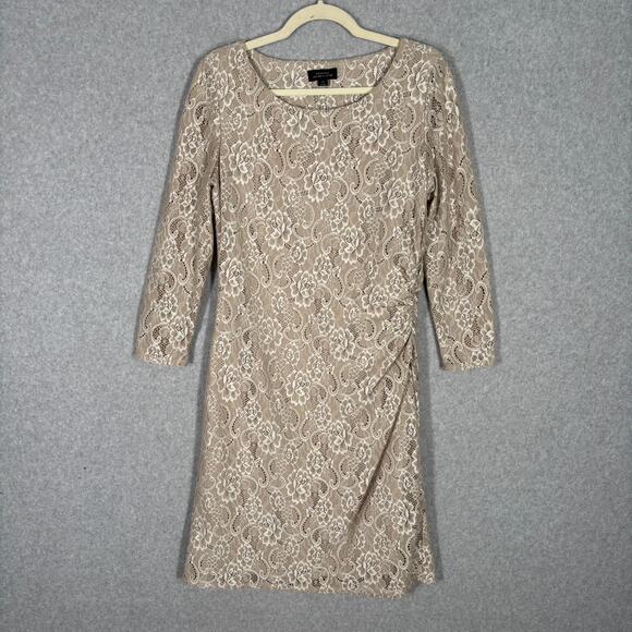 Tahari Dress 10 Tan Cream Knee Lace Ruched Sheer Stretch Mother Neutral Evening‎ - Picture 1 of 12